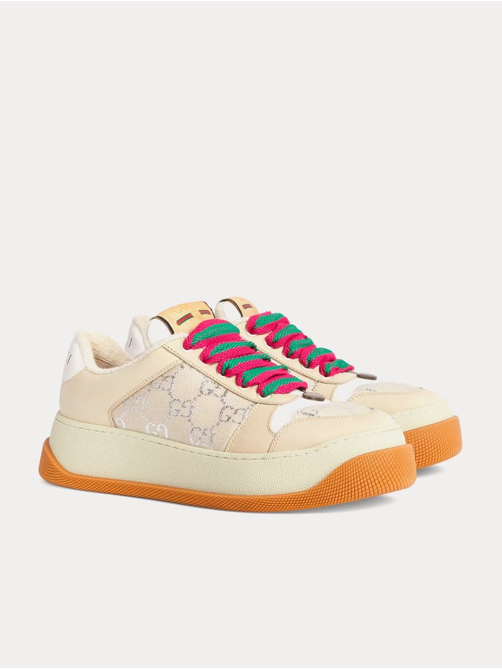Gucci Cream Platform Sneakers with Orange Soles and Pink & Green Laces